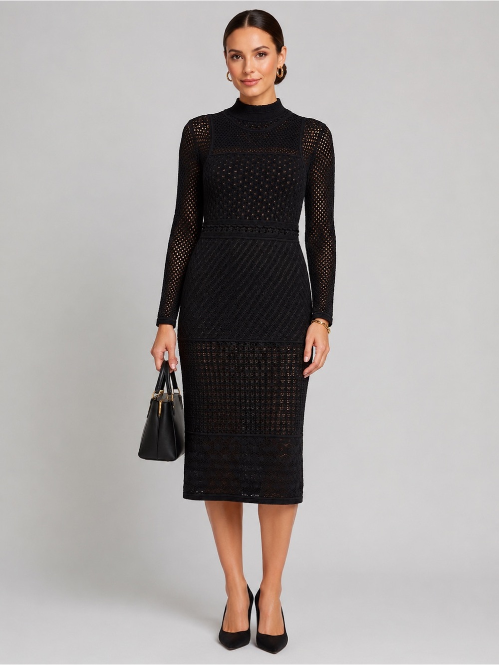 VENUS Black Long-Sleeve Crochet Midi Dress